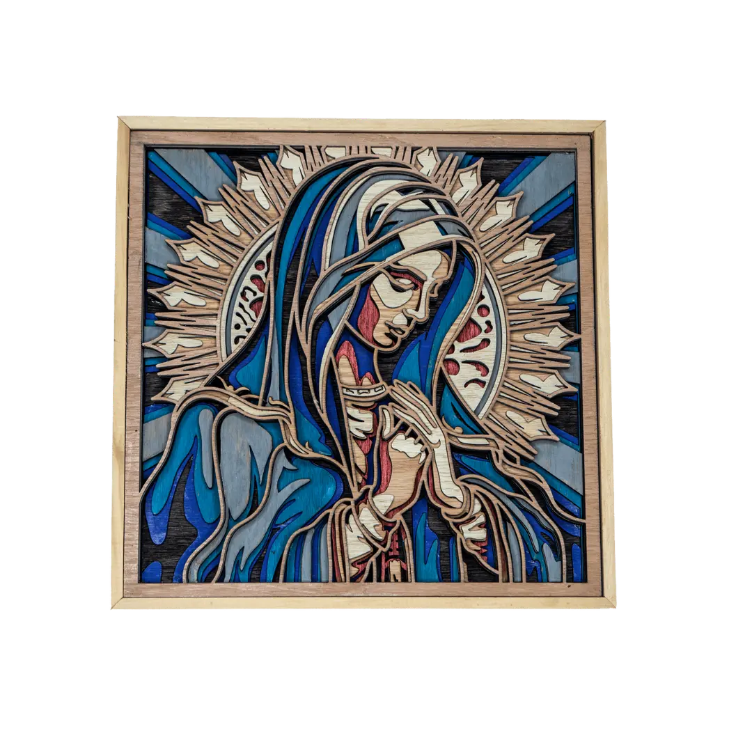 Cuadro artesanal multilámina de la Virgen María con halo radiante y tonos azules