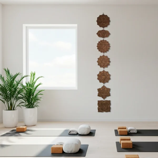 Guirnalda mural de los siete chakras tallada en madera en un estudio de yoga minimalista