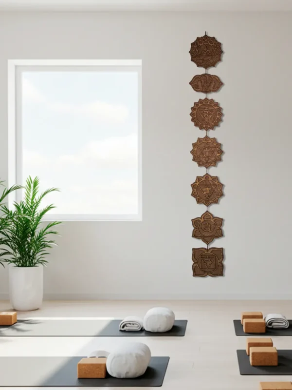 Guirnalda mural de los siete chakras tallada en madera en un estudio de yoga minimalista