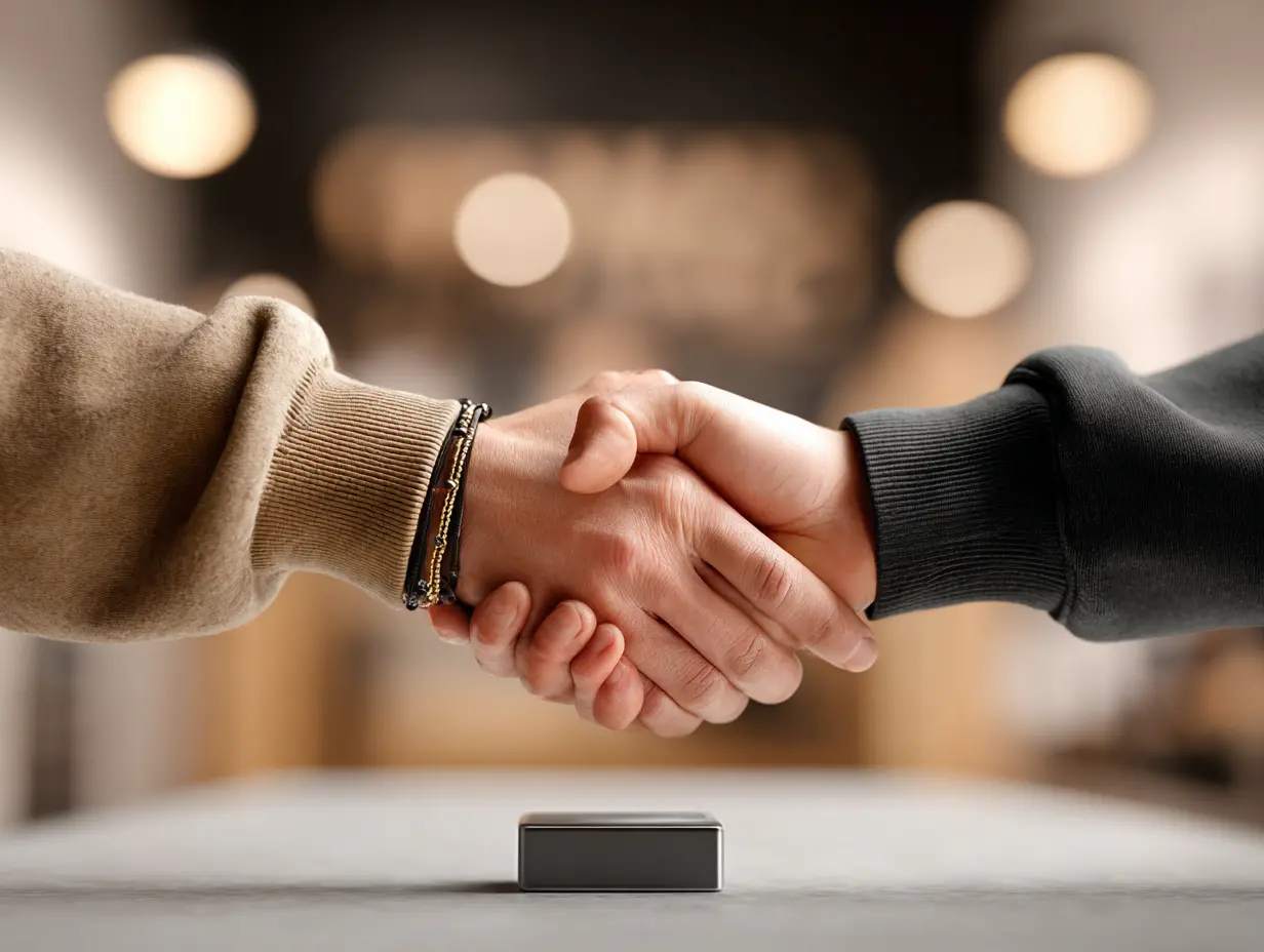 Apretón de manos sellando trato seguro en Revenato – plataforma de venta de garage online