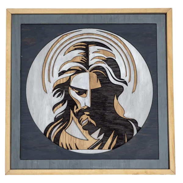 Cuadro artesanal multilámina con rostro reflexivo de Jesús en tonos naturales y grises