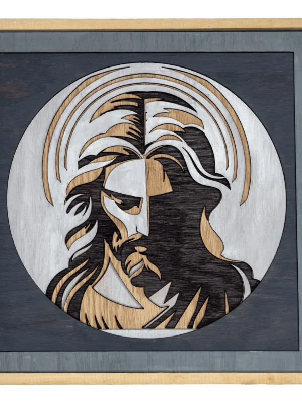 Cuadro artesanal multilámina con rostro reflexivo de Jesús en tonos naturales y grises