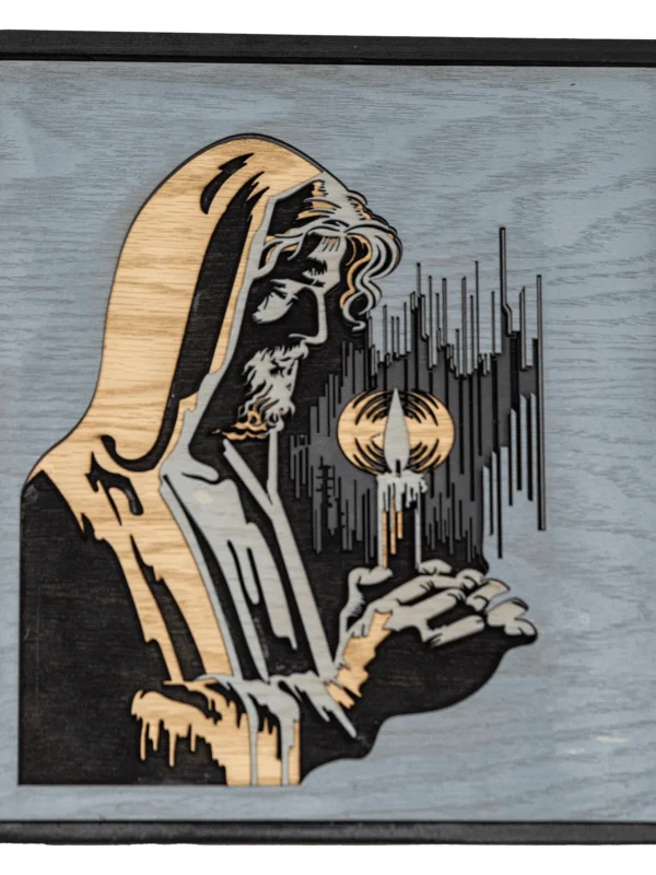 Cuadro decorativo en madera multilámina – Jesús sosteniendo una vela, arte sacro para el hogar