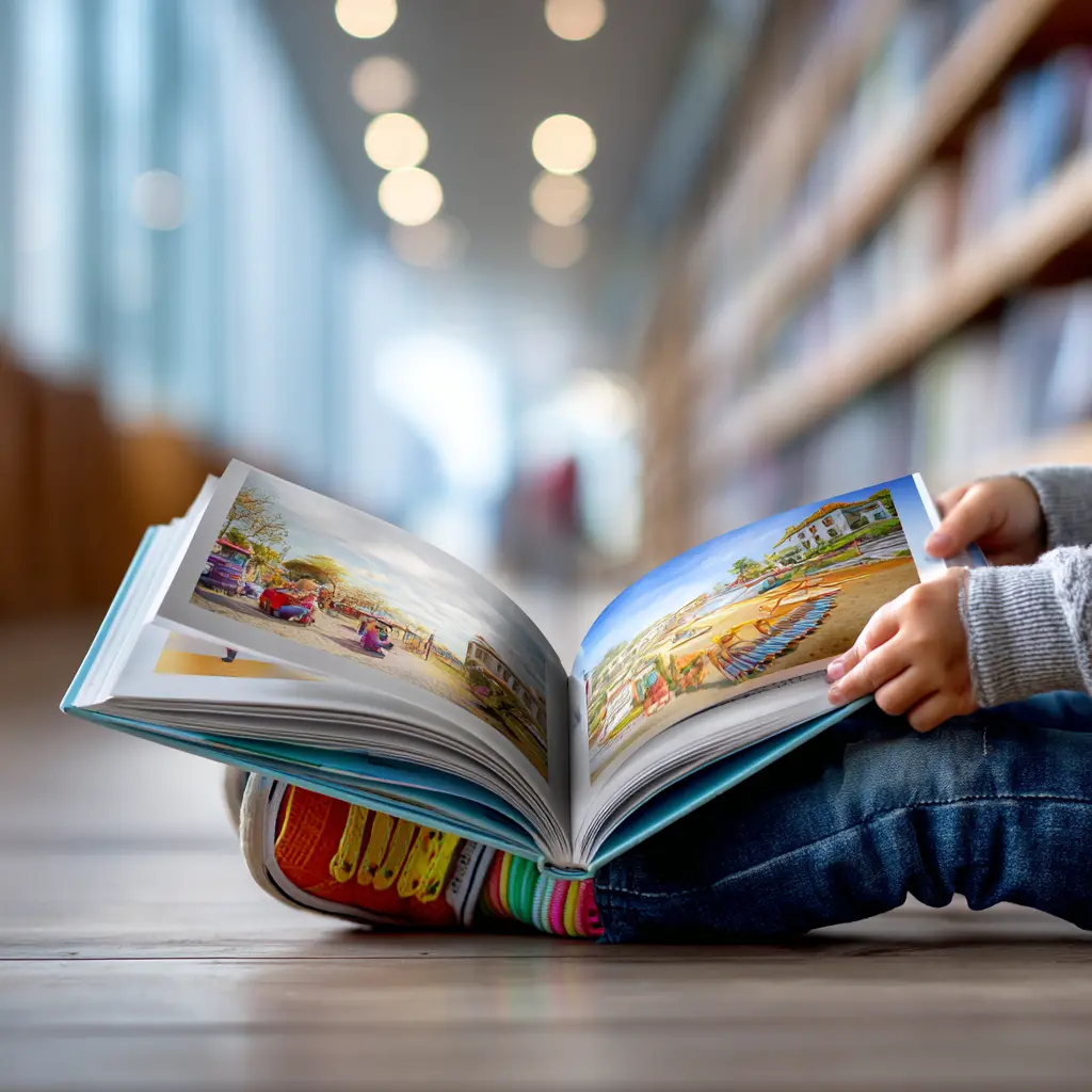 Niño hojea libro ilustrado infantil en biblioteca – compra cuentos educativos en venta de garage online Revenato