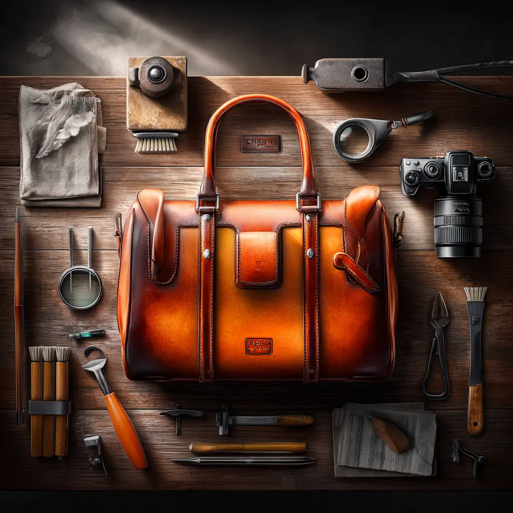 Bolso de cuero vintage y herramientas de restauración dispuestas ordenadamente sobre mesa de madera | venta de garage online