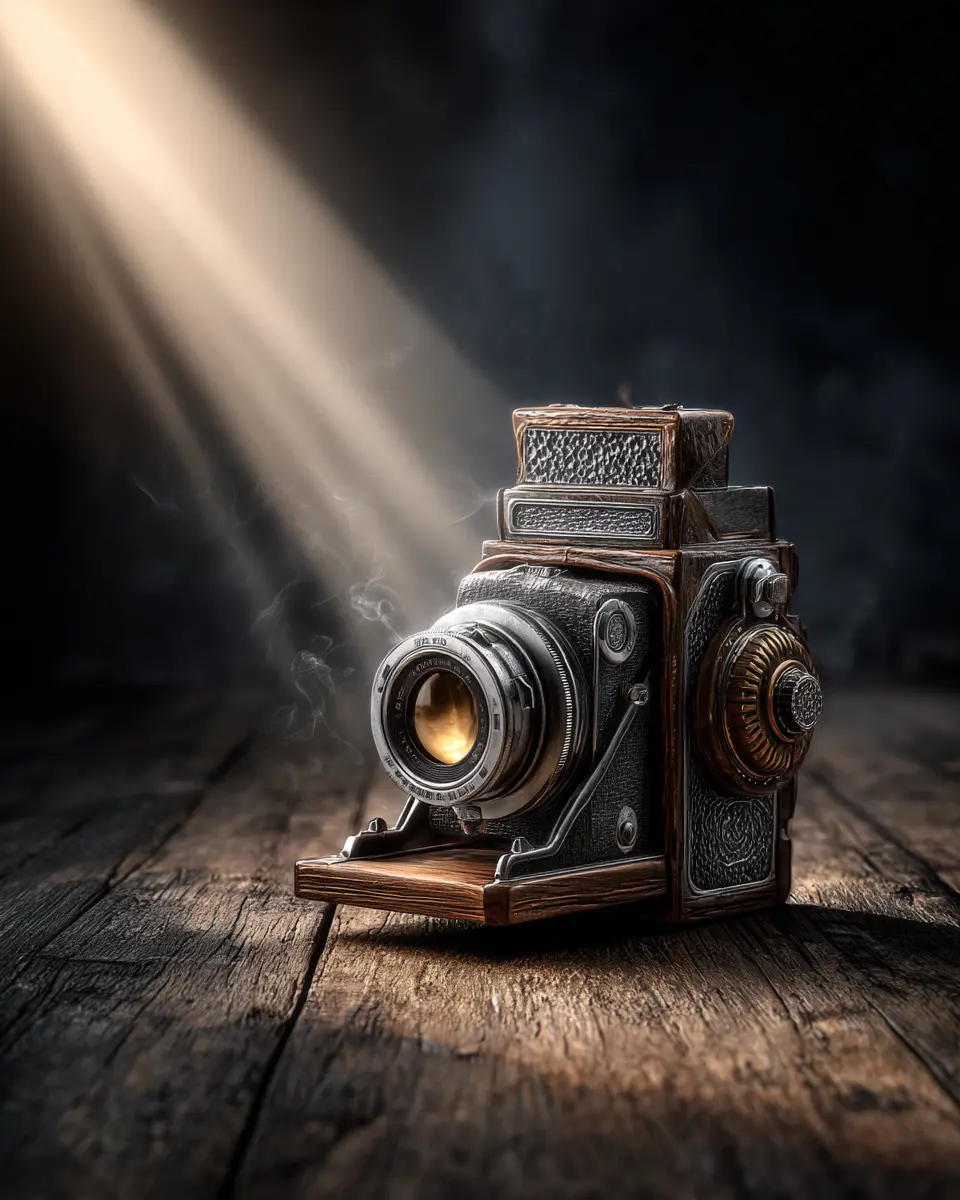 Cámara fotográfica retro iluminada en madera rústica – compra coleccionables únicos en Revenato