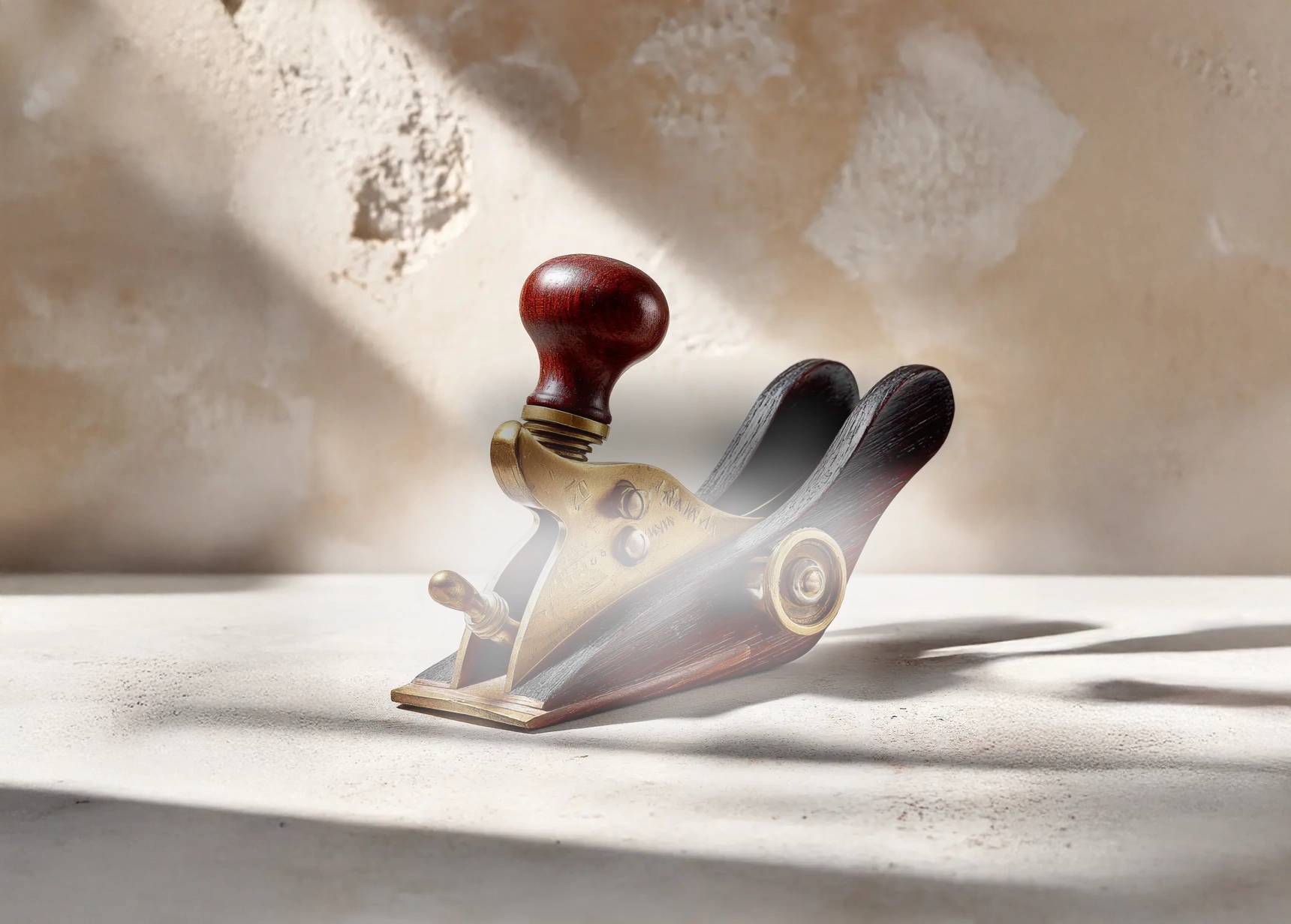 Cepillo manual antiguo de bronce y madera oscura en venta de garage Revenato – pieza de colección para ebanistas