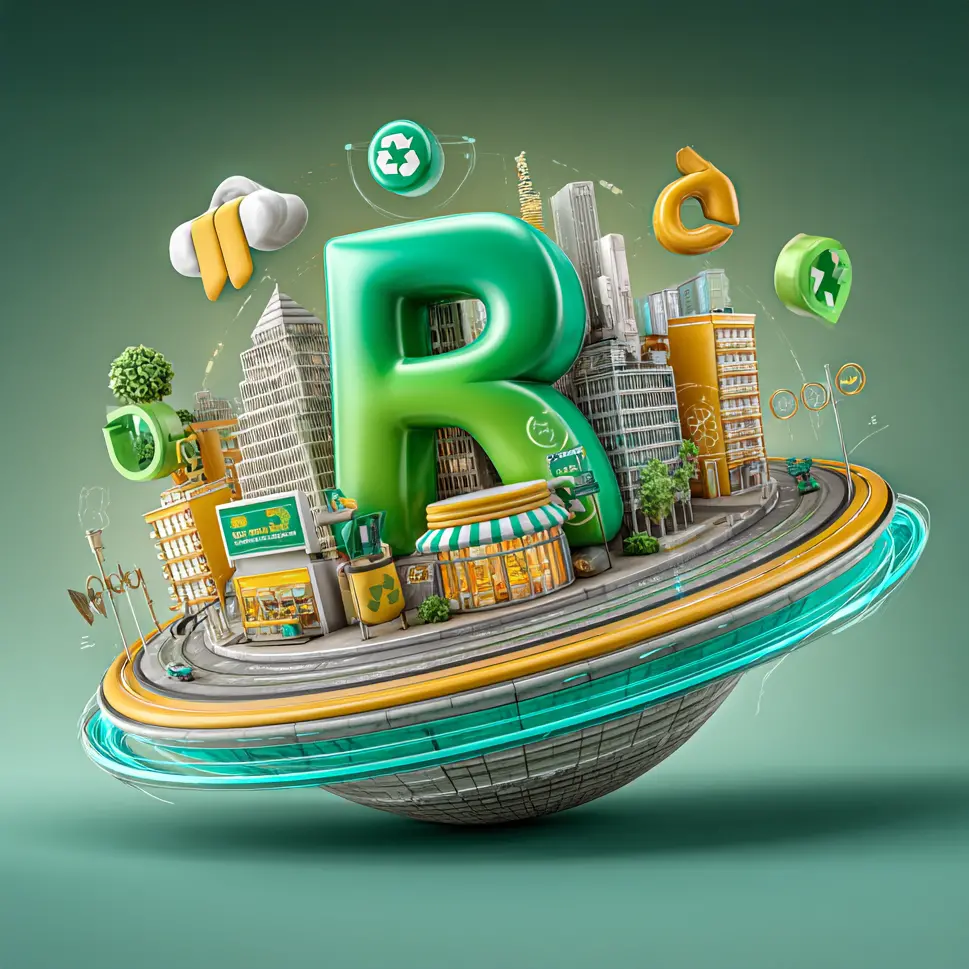 Ilustración 3D isométrica de una ciudad circular flotante con una gran letra R verde en el centro, carreteras anulares y símbolos de reciclaje, que representan la misión de Revenato de impulsar la economía circular y los “Tesoros Verificados”.