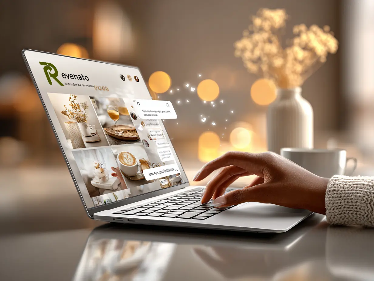 Cliente navega venta de garage online Revenato en laptop – inspiración decorativa y coffee-lifestyle