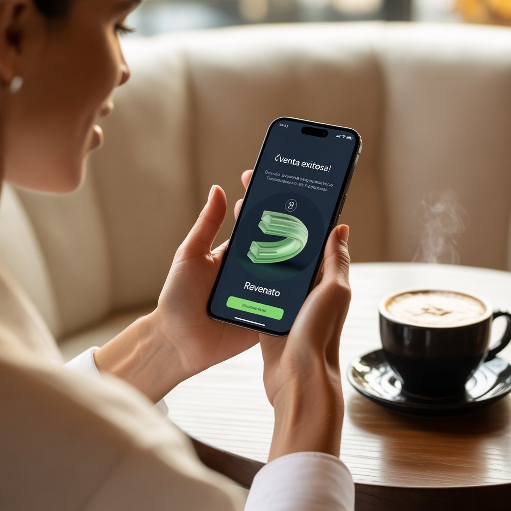 Mujer confirma compra móvil exitosa en Revenato, venta de garage online rápida y segura