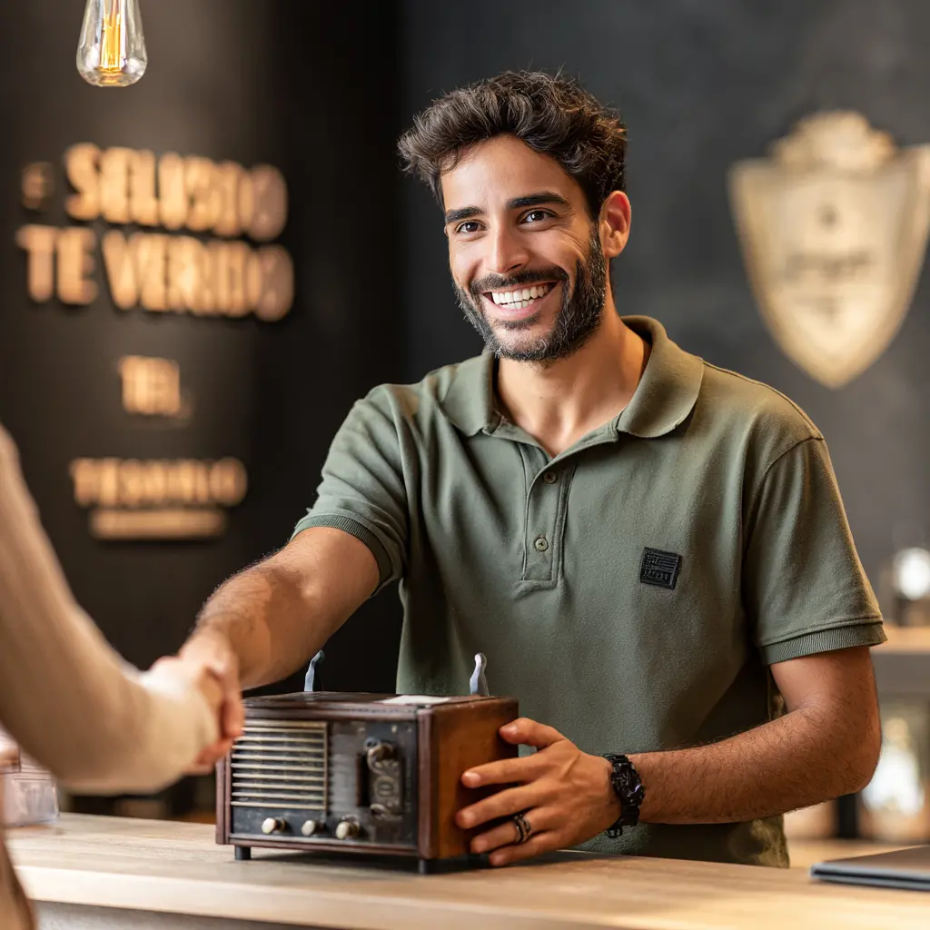 Experto Revenato valorando radio vintage y saludando al vendedor en tienda | venta de garage online segura y profesional