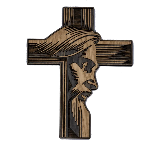 Cruz de nogal con el rostro sagrado de Cristo tallado a láser en estilo moderno