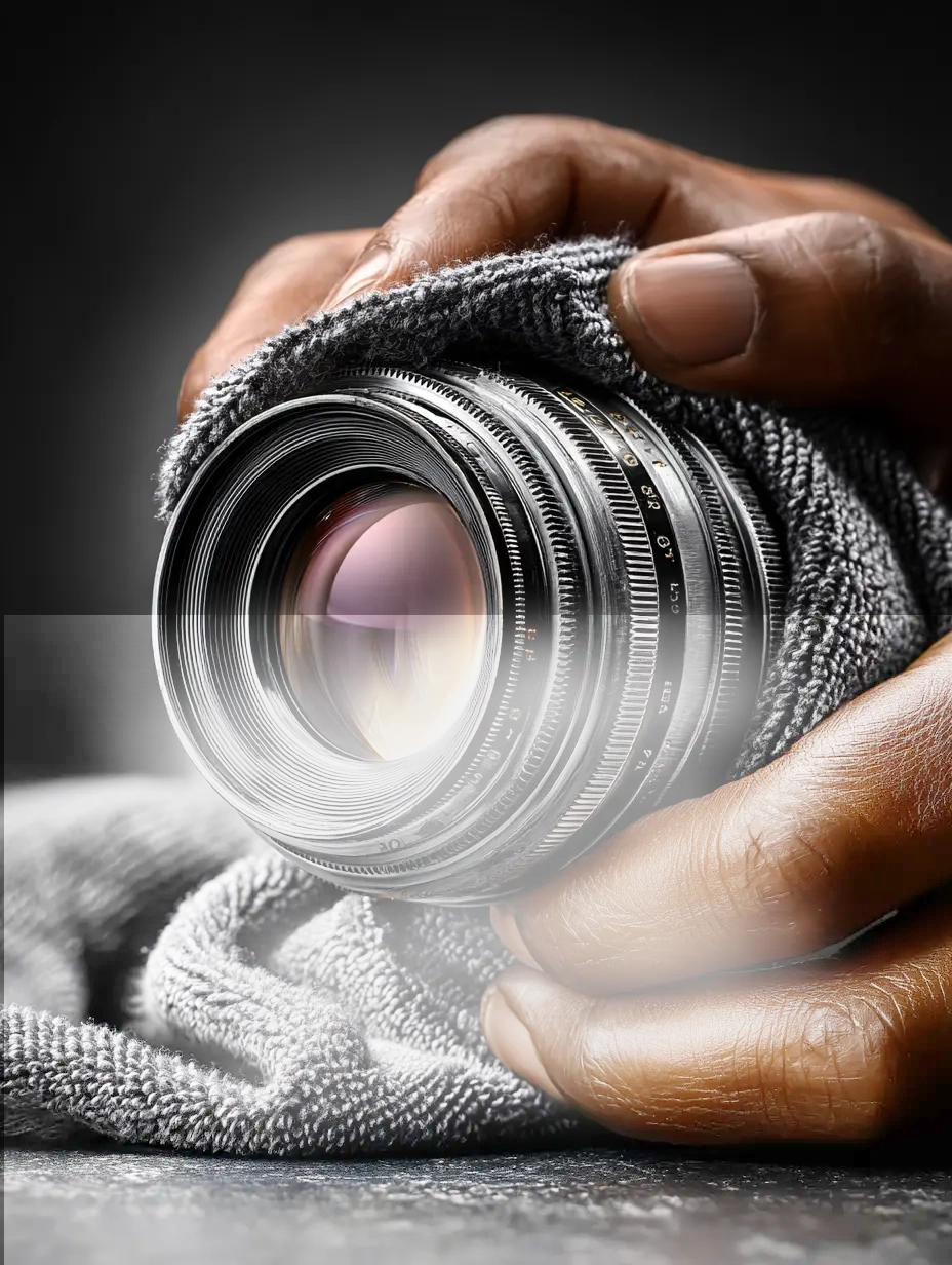 Manos limpiando lente fotográfico vintage con paño de microfibra – venta de garage online Revenato