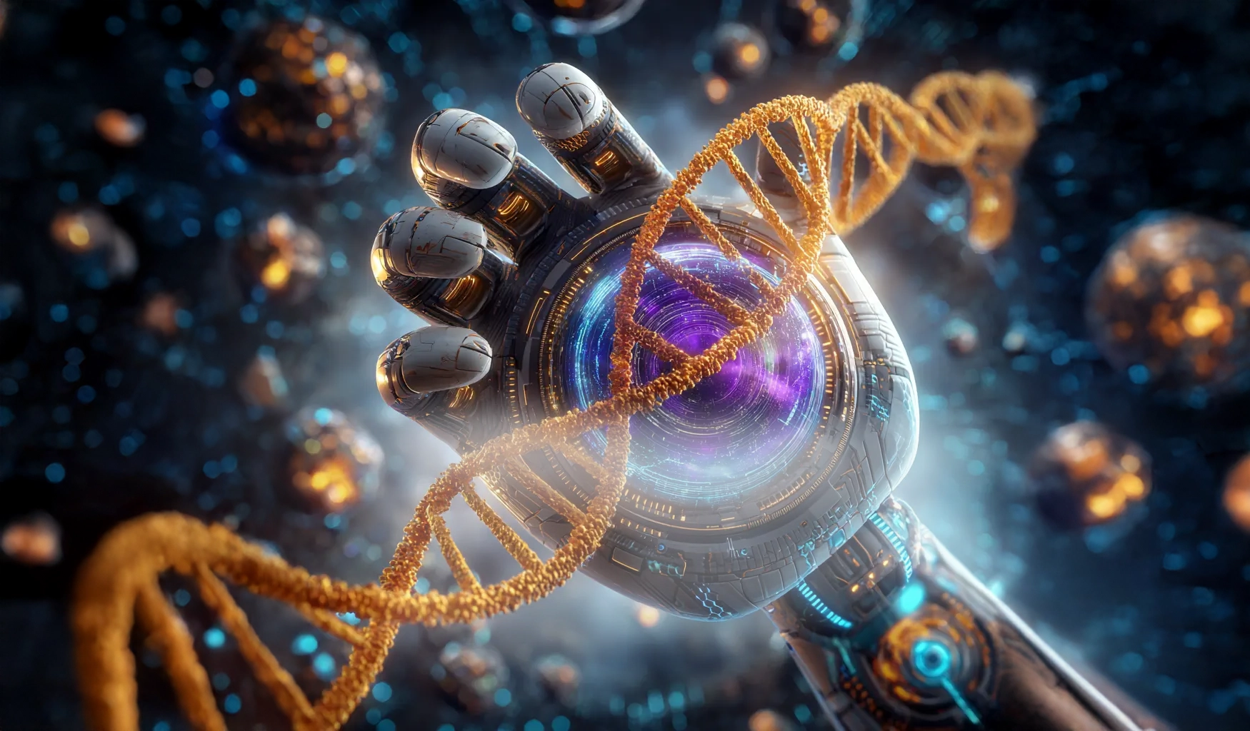 Ilustración de mano robótica sosteniendo hélice de ADN luminosa – Tesoros con Causa Revenato, donación y venta solidaria de libros científicos