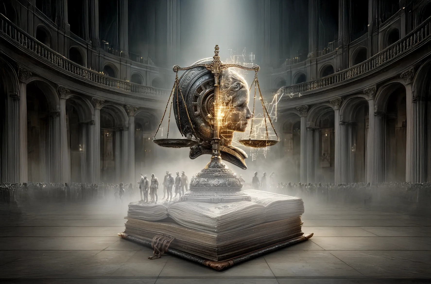 Ilustración alegórica con balanza de justicia emergiendo de libro antiguo – Tesoros con Causa Revenato, donación y venta solidaria de obras jurídicas y sociales