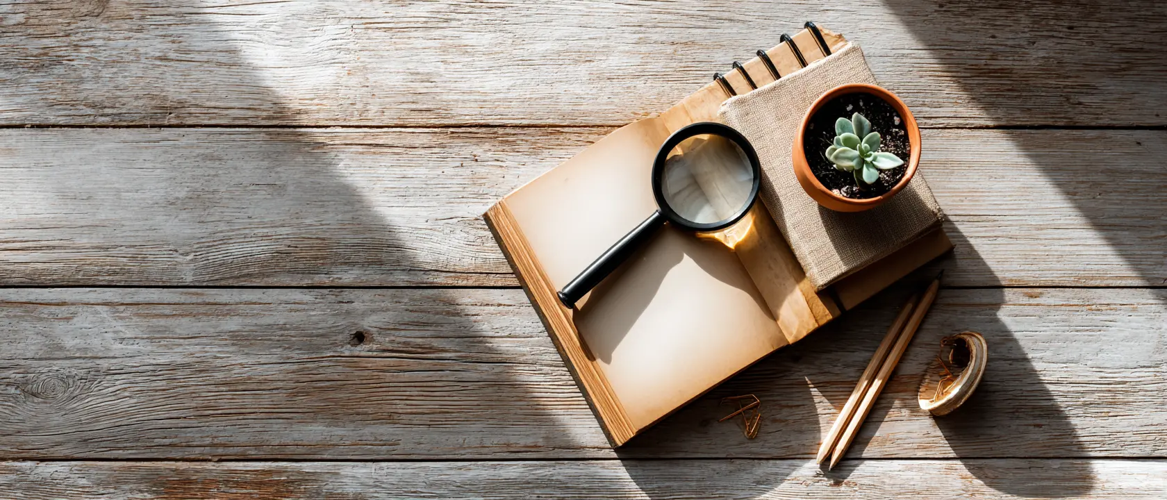 Flat lay con libro antiguo, lupa y suculenta sobre madera rústica – papelería y decoración sostenible en Compras Revenato