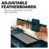 Detalle mesa de router Bosch RA1181 con featherboards ajustables y protector acrílico | Tienda Revenato