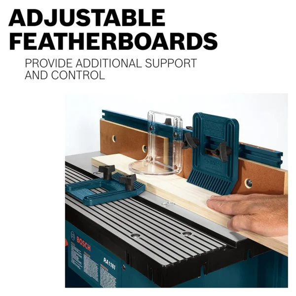 Detalle mesa de router Bosch RA1181 con featherboards ajustables y protector acrílico | Tienda Revenato