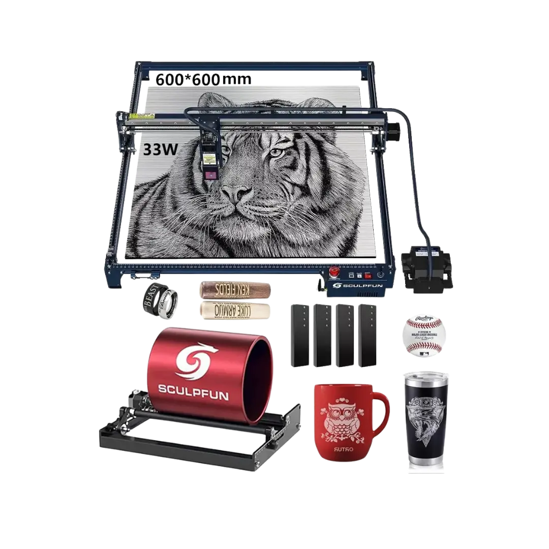 Máquina láser Sculpfun 33 W área 600×600 mm + accesorio rotatorio para cilindros | Tienda Revenato
