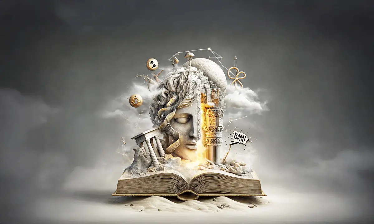 Escultura surreal emergiendo de libro abierto con símbolos de conocimiento y mitología – arte conceptual para Tienda Revenato