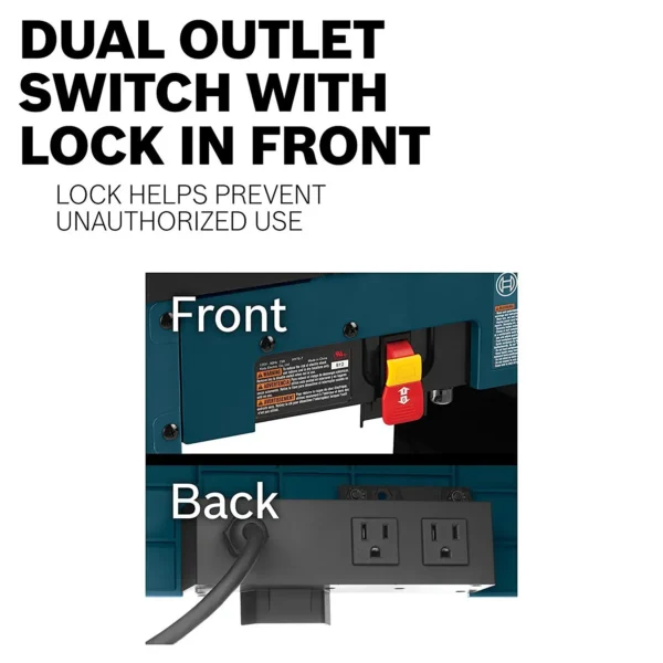 Detalle mesa de router Bosch RA1181: interruptor con llave y dos contactos eléctricos posteriores