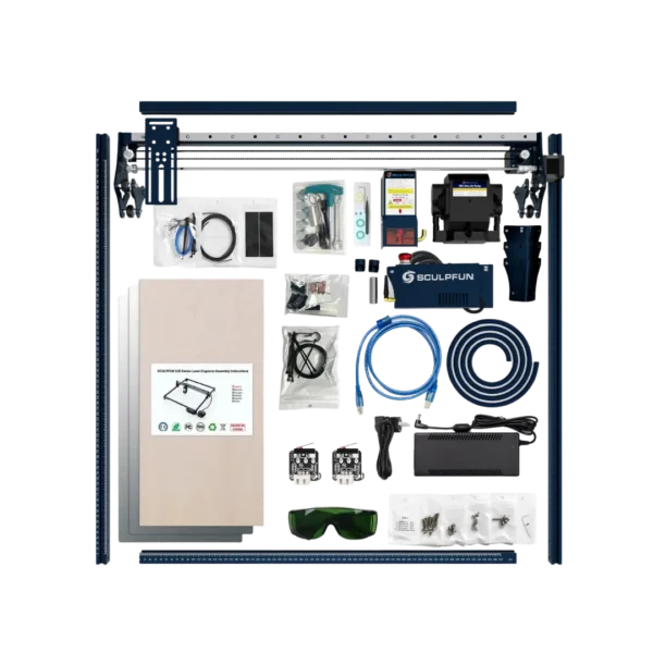 Contenido del kit grabadora láser Sculpfun 33 W área 600×600 mm con air‑assist, electrónica, paneles y gafas | Tienda Revenato