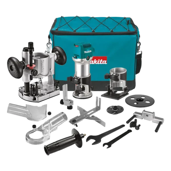 Kit fresadora Makita RT0700CX3: motor 710 W con bases fija, plunge, inclinada y recorte + accesorios | Tienda Revenato