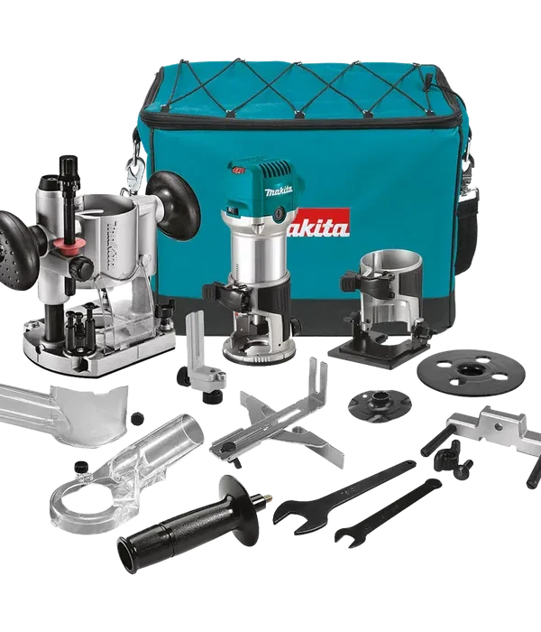 Kit fresadora Makita RT0700CX3: motor 710 W con bases fija, plunge, inclinada y recorte + accesorios | Tienda Revenato