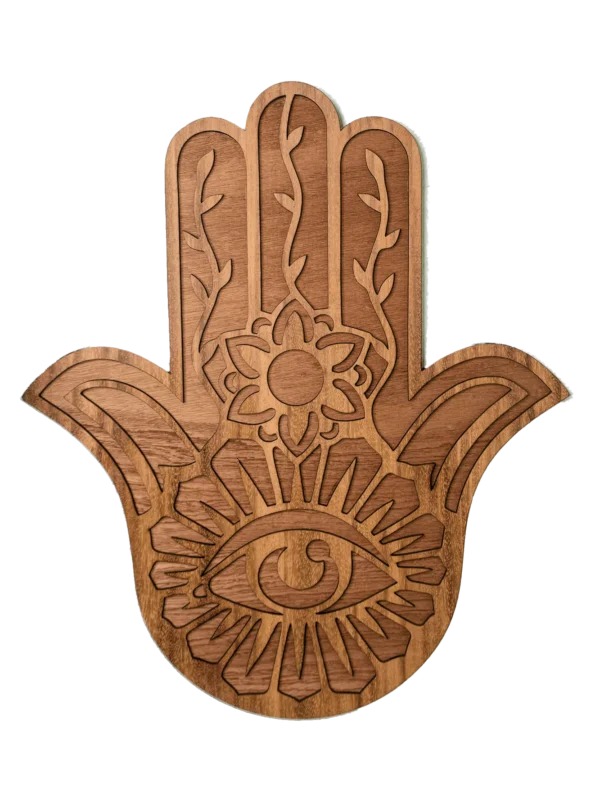 Mano de Fátima de madera con diseño floral y ojo protector tallado a láser