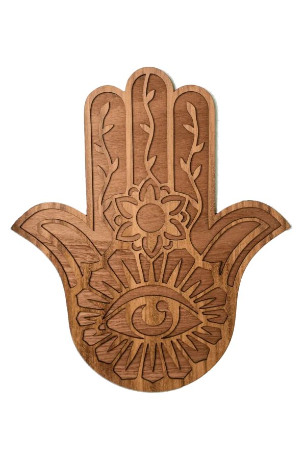 Mano de Fátima de madera con diseño floral y ojo protector tallado a láser
