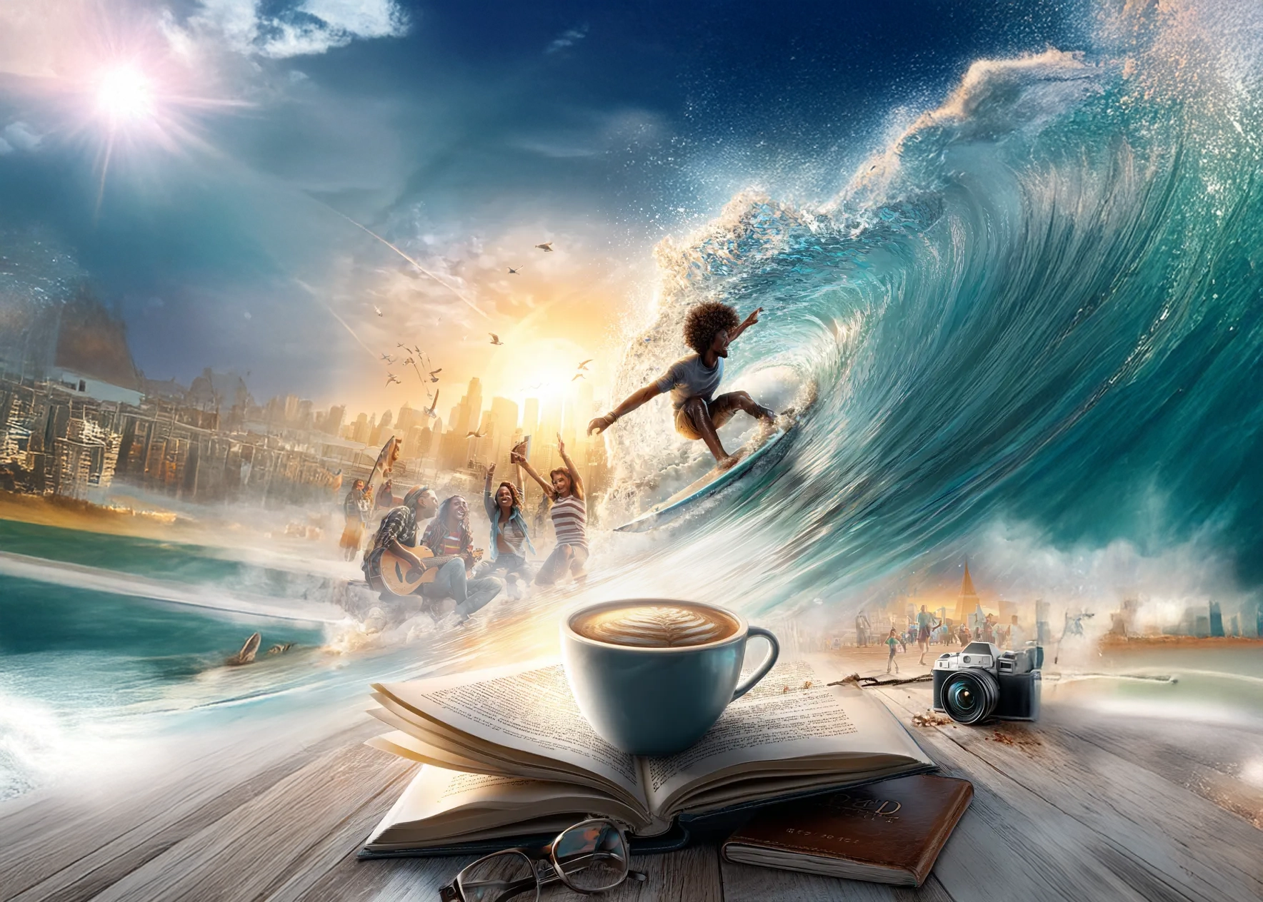 Ilustración vibrante con taza de café y libro que despliega surf, música y ciudad – Tesoros con Causa Revenato, venta solidaria de libros de estilo de vida y viajes