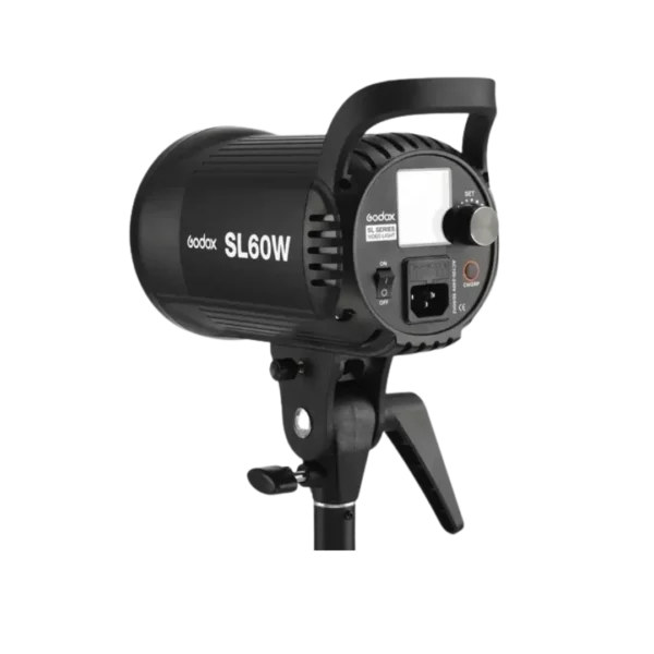 Vista posterior Godox SL60W: pantalla LCD, dial de intensidad y puerto de alimentación IEC | Tienda Revenato