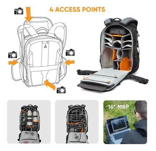 Infografía Lowepro ProTactic BP 450 AW II con 4 puntos de acceso, interior configurable y bolsillo para laptop 16″ | Tienda Revenato