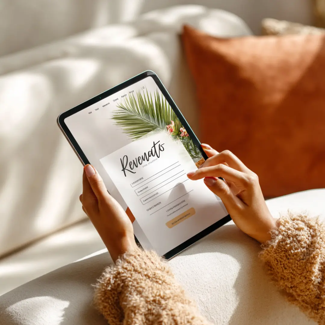 Mujer usando tablet para subir artículos de venta de garage online en la plataforma Revenato