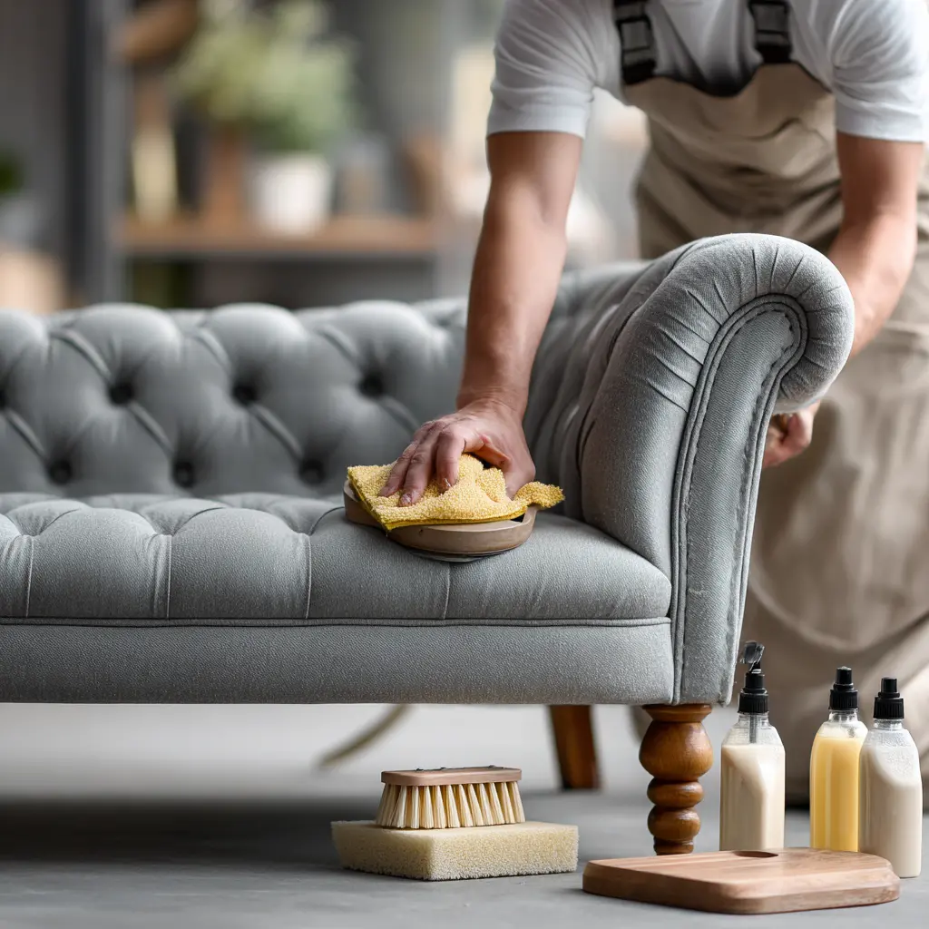 Butaca antigua restaurada con tapizado color ámbar y tallas de madera, detrás de portapapeles que muestra “Inspección Estructural – Aprobado” con fecha 28 jun 2025; imagen del control de calidad de muebles de segunda mano en Revenato.