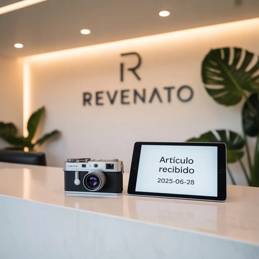 Recepción moderna de Revenato con logo al fondo; sobre el mostrador, cámara Leica clásica y tablet que anuncia “Artículo recibido 2025-06-28”, simbolizando el registro y verificación de productos de segunda mano.