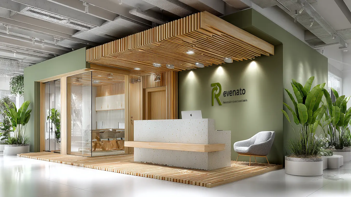 Recepción verde minimalista con logo Revenato y diseño bioclimático – venta de garage online