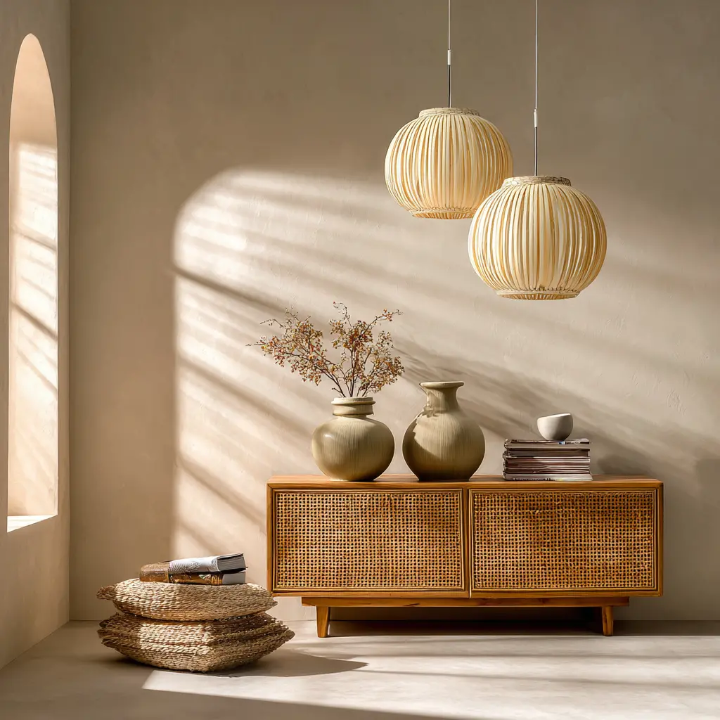 Mueble de ratán boho chic en venta de garage online Revenato, decoración cálida y minimalista