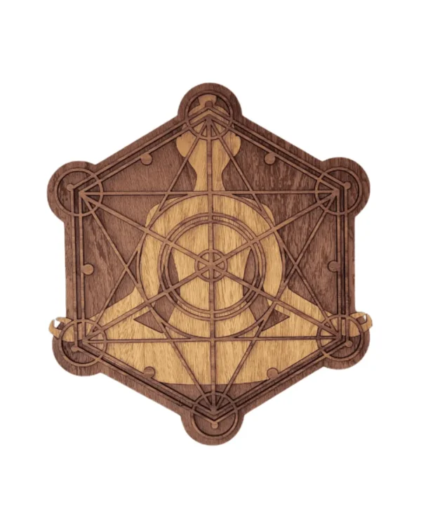 Sello de Metatrón tallado en madera de nogal y roble con geometría sagrada