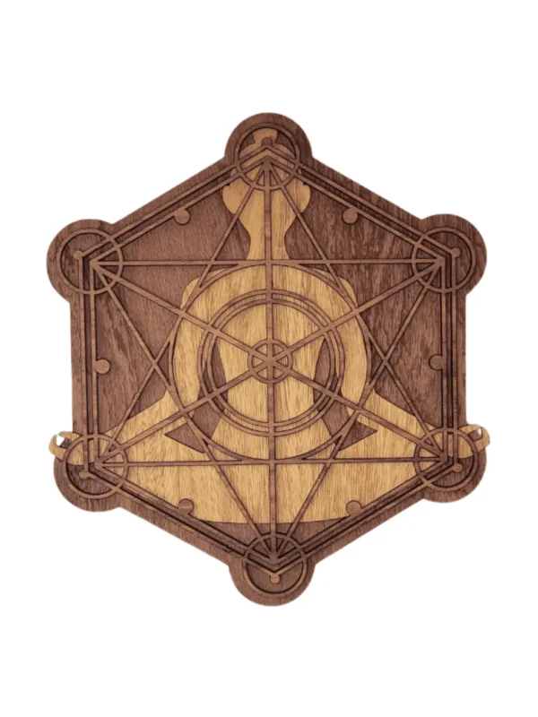 Sello de Metatrón tallado en madera de nogal y roble con geometría sagrada