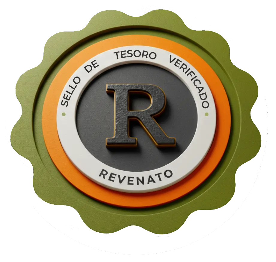 Emblema circular con borde dentado verde oliva, anillo interior naranja y letra R metálica en el centro, acompañado del texto “Sello de Tesoro Verificado Revenato”; símbolo de certificación de artículos de segunda mano.