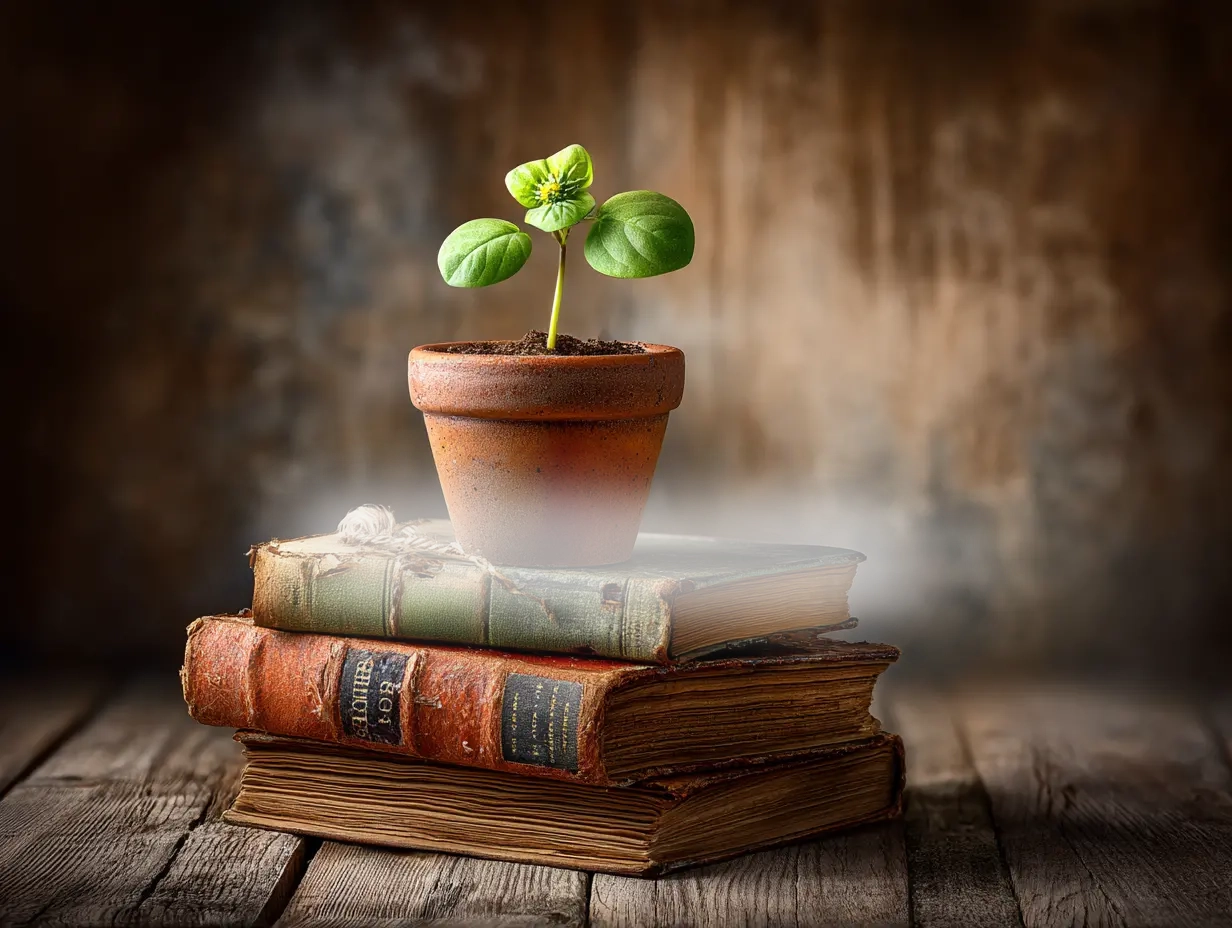 Maceta con brote verde sobre pila de libros vintage – compra decoración literaria en venta de garage online Revenato