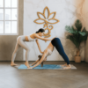 Instructor ayuda en postura de yoga bajo decoración de flor de loto y símbolo Om de bambú en la pared