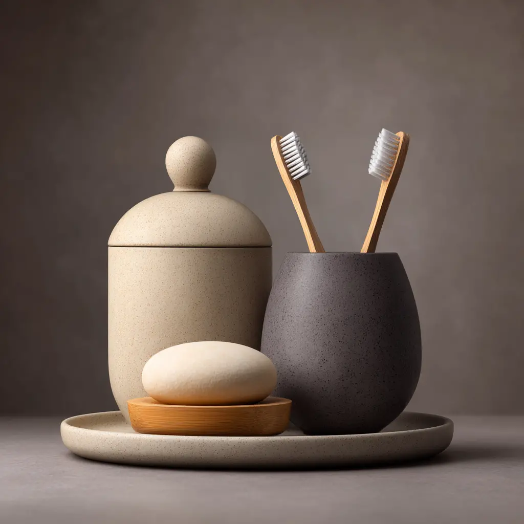 Kit de baño minimalista con cepillos de bambú, dispensador y jabón artesanal – compra sostenible en venta de garage Revenato