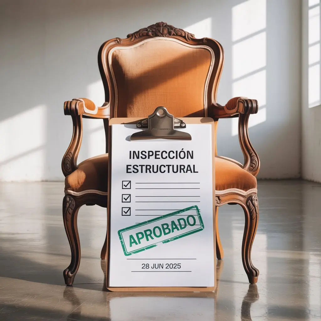 Butaca antigua restaurada con tapizado color ámbar y tallas de madera, detrás de portapapeles que muestra “Inspección Estructural – Aprobado” con fecha 28 jun 2025; imagen del control de calidad de muebles de segunda mano en Revenato.