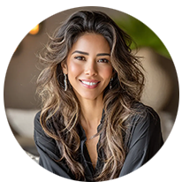 Retrato profesional de mujer hispana elegante con camisa negra, embajadora de marca Revenato – imagen corporativa para e‑commerce