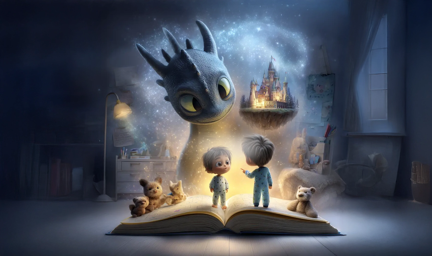 Niños en pijama leen libro que proyecta dragón y castillo mágico – Tesoros con Causa Revenato, donación y venta solidaria de cuentos infantiles