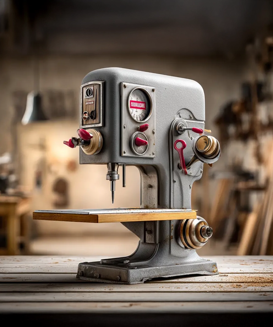 Taladro de banco industrial retro gris en venta de garage online Revenato – herramienta clásica de carpintería