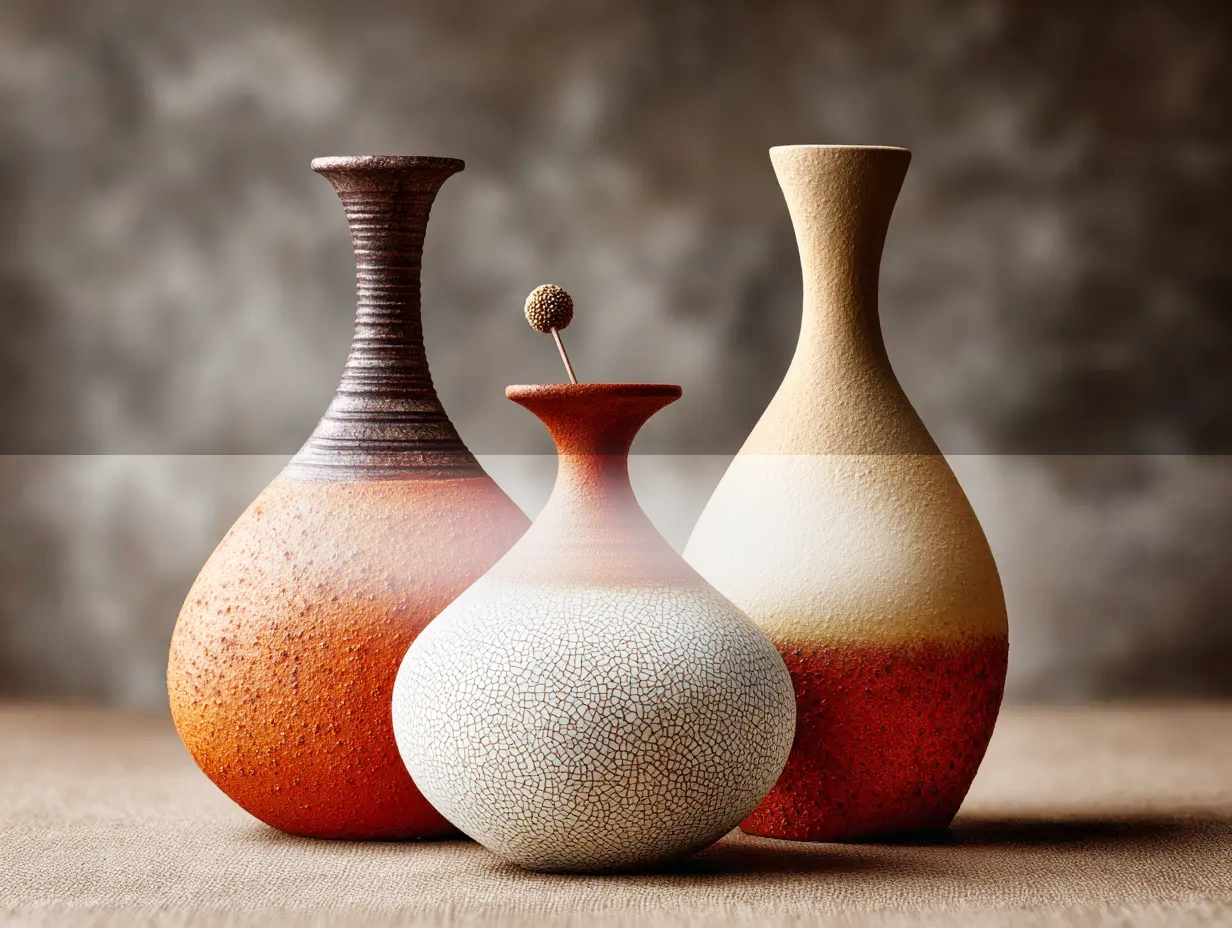 Juego de jarrones artesanales texturizados en tonos terracota y beige – compra decoración única en venta de garage Revenato
