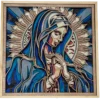 Cuadro de la Virgen en madera, artesanal multilámina de la Virgen María con halo radiante y tonos azules